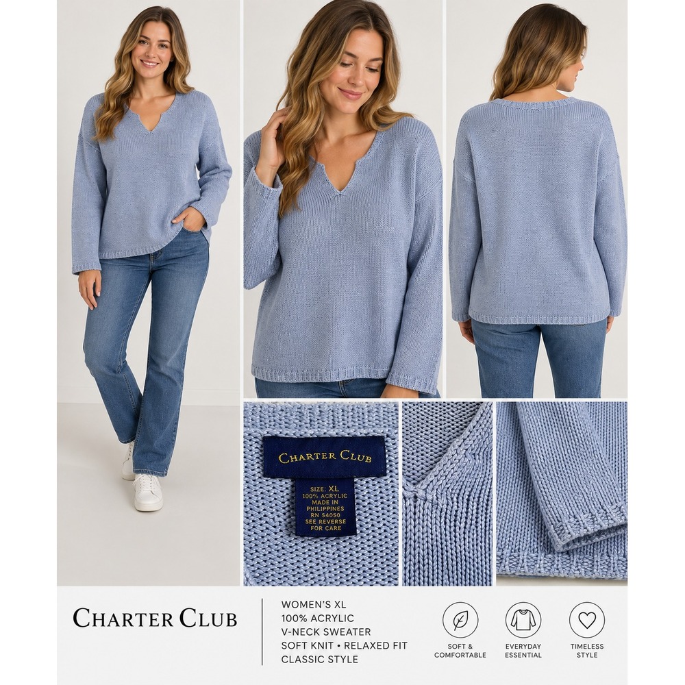 Charter Club Sweater XL Extra Large Periwinkle Blue Split V Neck Shaker Knit Top